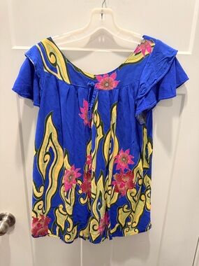 Boho Batik Top Medium Blue Pink Tropical Floral Off Shoulder Peasant Blouse